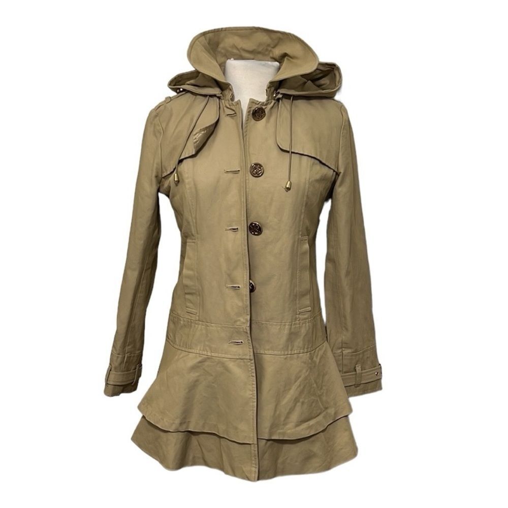 Guess Hooded Ruffled Trench Coat Tan Size M